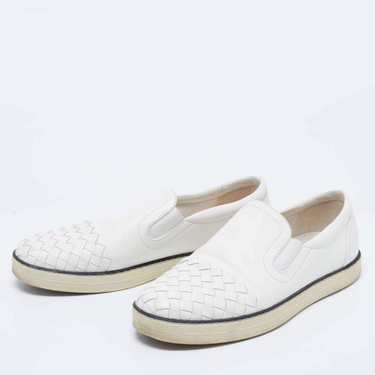 Pre Owned Bottega Veneta White Intrecciato Leather Slip-On Sneakers Size 38