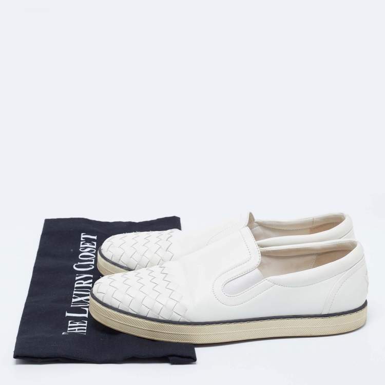 Pre Owned Bottega Veneta White Intrecciato Leather Slip-On Sneakers Size 38