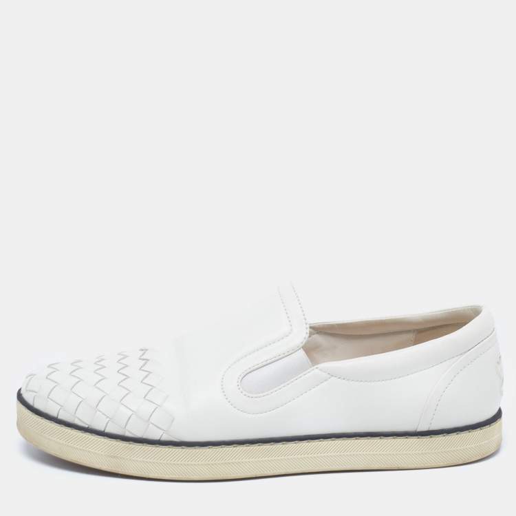 Pre Owned Bottega Veneta White Intrecciato Leather Slip-On Sneakers Size 38