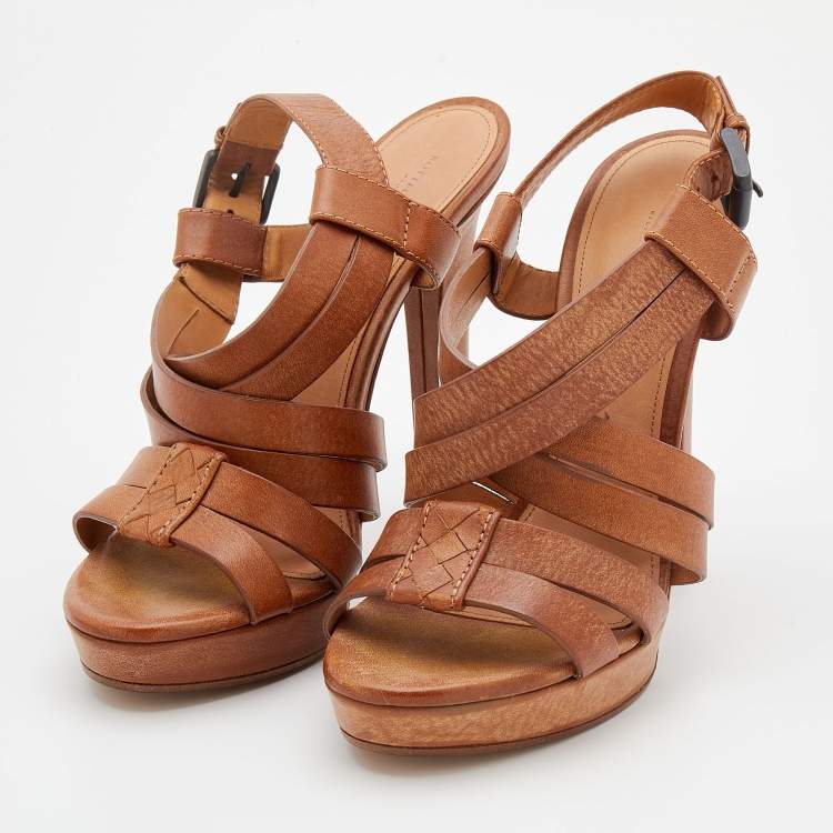 Pre Owned Bottega Veneta Brown Leather Criss Cross Strappy Platform Sandals Size 40