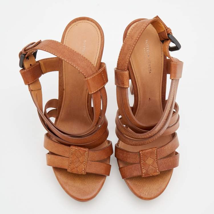 Pre Owned Bottega Veneta Brown Leather Criss Cross Strappy Platform Sandals Size 40