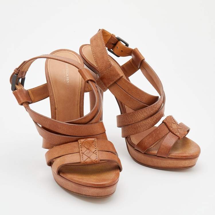 Pre Owned Bottega Veneta Brown Leather Criss Cross Strappy Platform Sandals Size 40