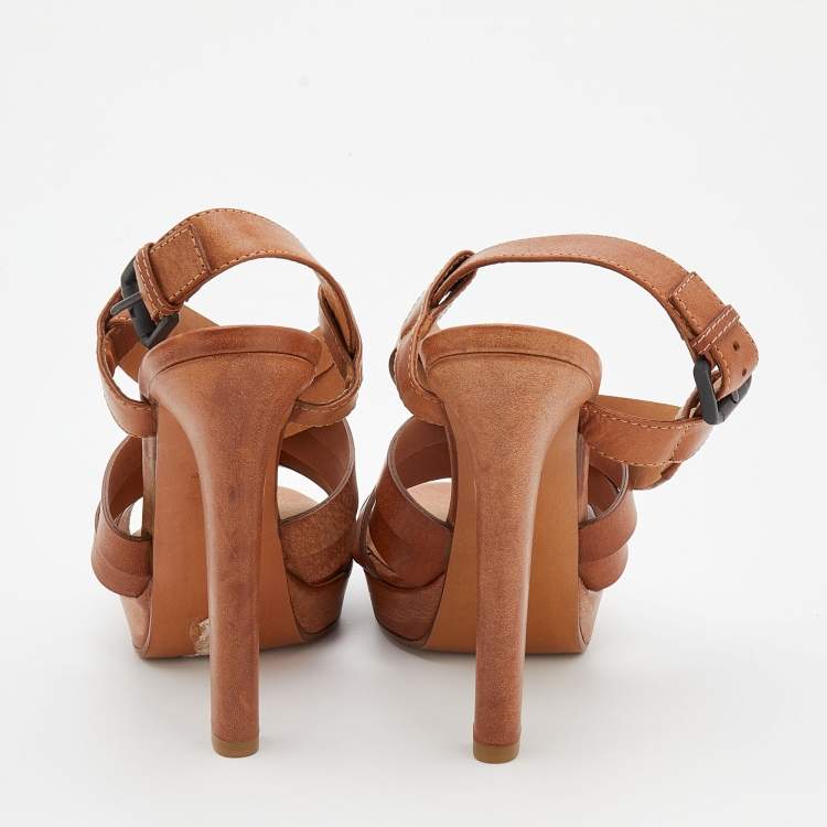 Pre Owned Bottega Veneta Brown Leather Criss Cross Strappy Platform Sandals Size 40