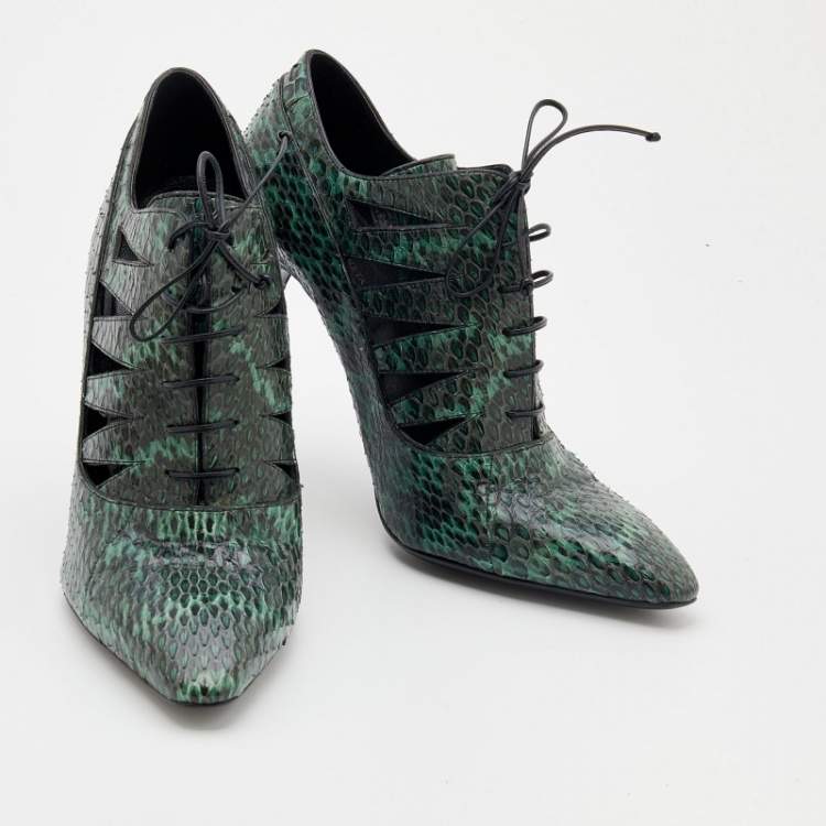 Pre Owned Bottega Veneta Green/Black Snakeskin Leather Cut Out Lace-Up Booties Size 40
