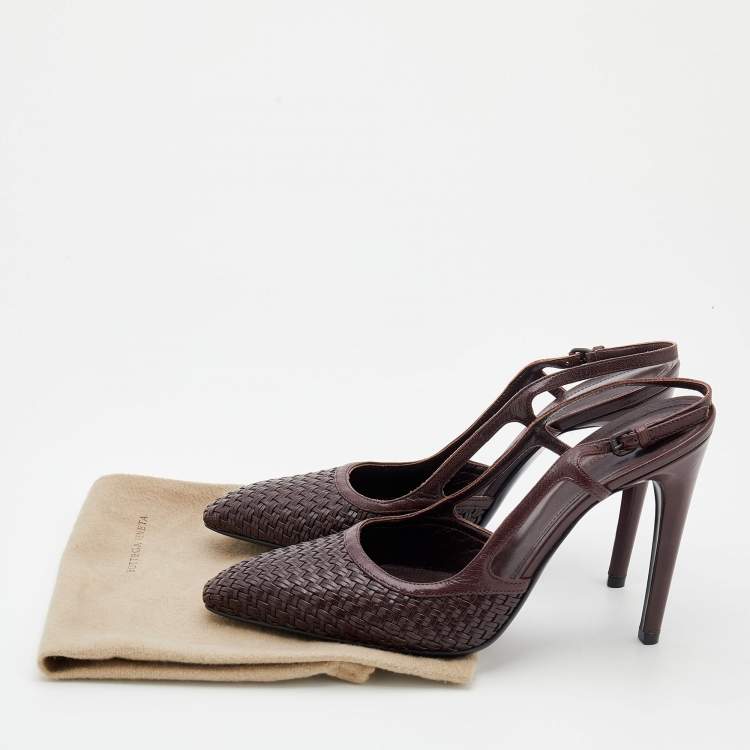 Pre Owned Bottega Veneta Dark Brown Leather Woven Slingback Sandals Size 40