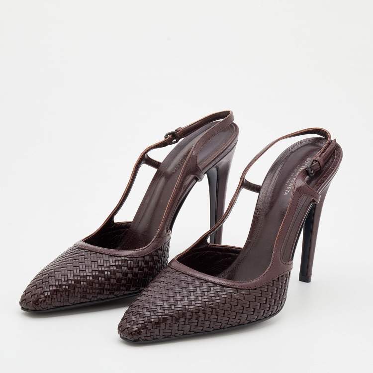 Pre Owned Bottega Veneta Dark Brown Leather Woven Slingback Sandals Size 40