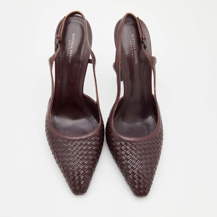 Pre Owned Bottega Veneta Dark Brown Leather Woven Slingback Sandals Size 40