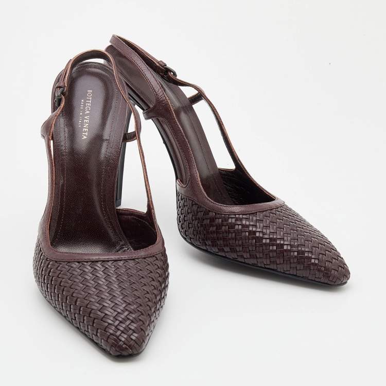 Pre Owned Bottega Veneta Dark Brown Leather Woven Slingback Sandals Size 40
