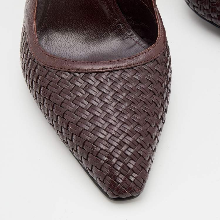 Pre Owned Bottega Veneta Dark Brown Leather Woven Slingback Sandals Size 40