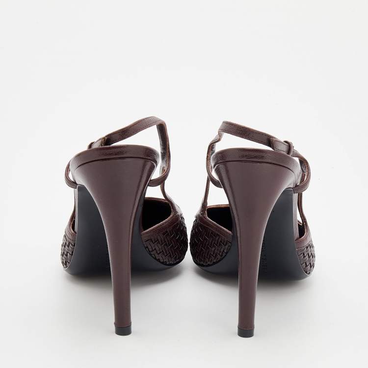 Pre Owned Bottega Veneta Dark Brown Leather Woven Slingback Sandals Size 40
