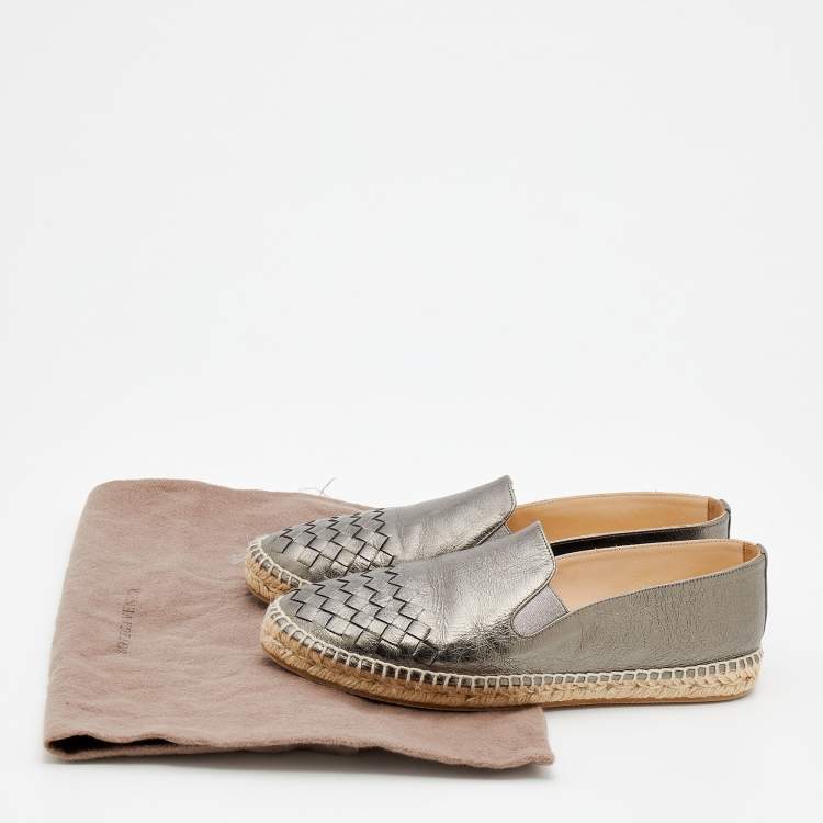 Pre Owned Bottega Veneta Metallic Gunmetal Intrecciato Leather Espadrille Flats Size 39