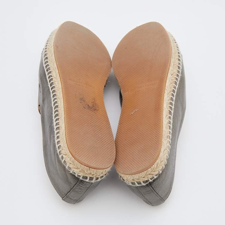 Pre Owned Bottega Veneta Metallic Gunmetal Intrecciato Leather Espadrille Flats Size 39