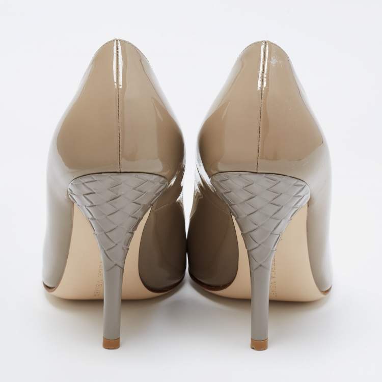 Pre Owned Bottega Veneta Grey Patent Leather Intrecciato Heel Peep Toe Pumps Size 36.5