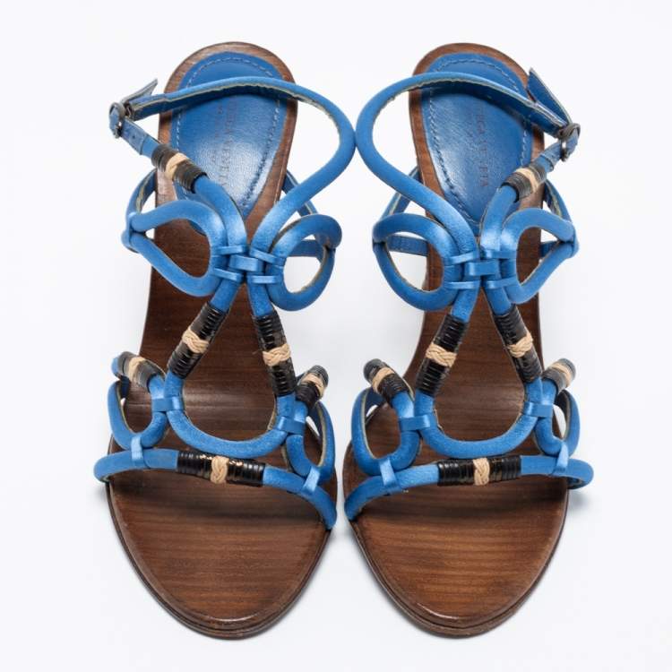 Pre Owned Bottega Veneta Blue Satin Cut-Out Ankle-Strap Sandals Size 38