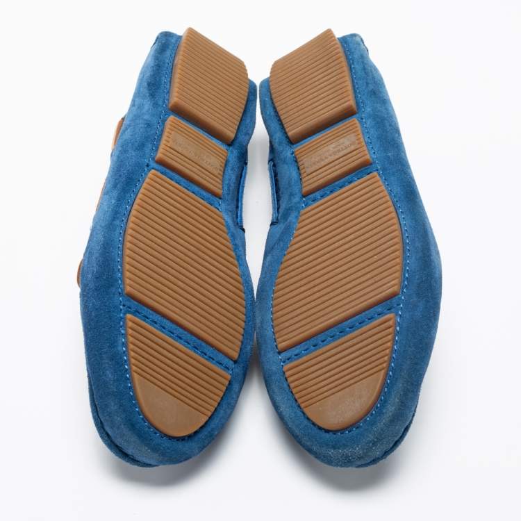 Pre Owned Bottega Veneta Blue Intrecciato Suede Bow Slip On Loafers Size 36