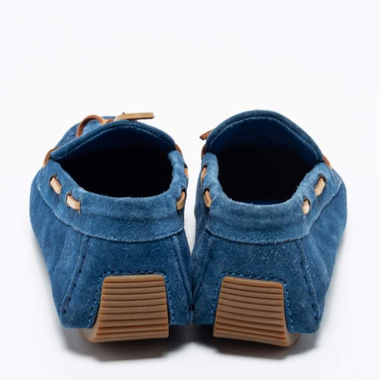 Pre Owned Bottega Veneta Blue Intrecciato Suede Bow Slip On Loafers Size 36
