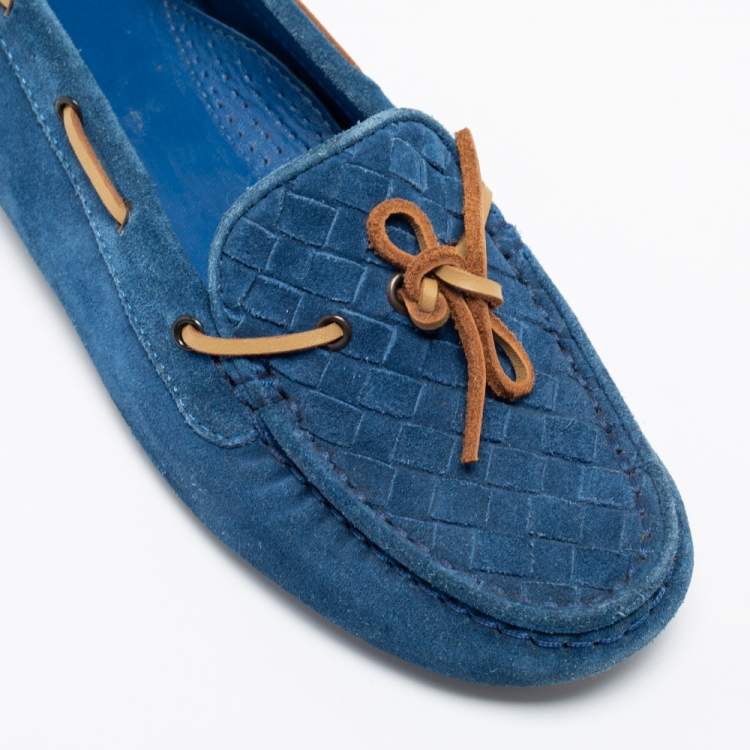 Pre Owned Bottega Veneta Blue Intrecciato Suede Bow Slip On Loafers Size 36