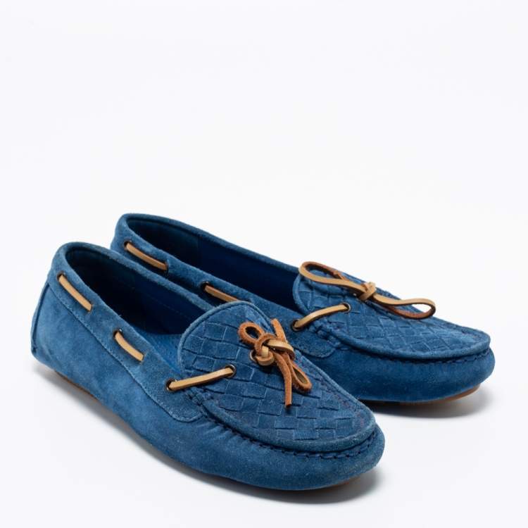 Pre Owned Bottega Veneta Blue Intrecciato Suede Bow Slip On Loafers Size 36
