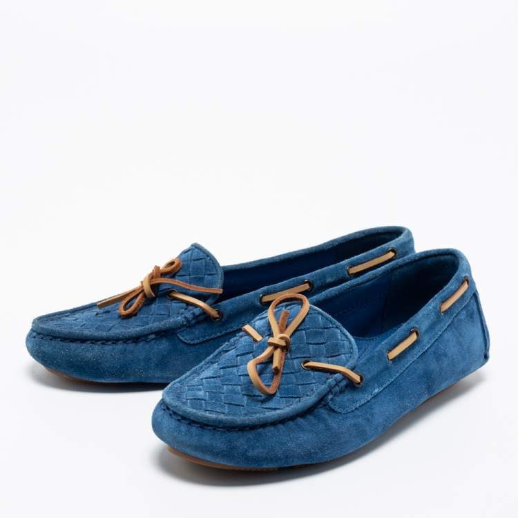 Pre Owned Bottega Veneta Blue Intrecciato Suede Bow Slip On Loafers Size 36