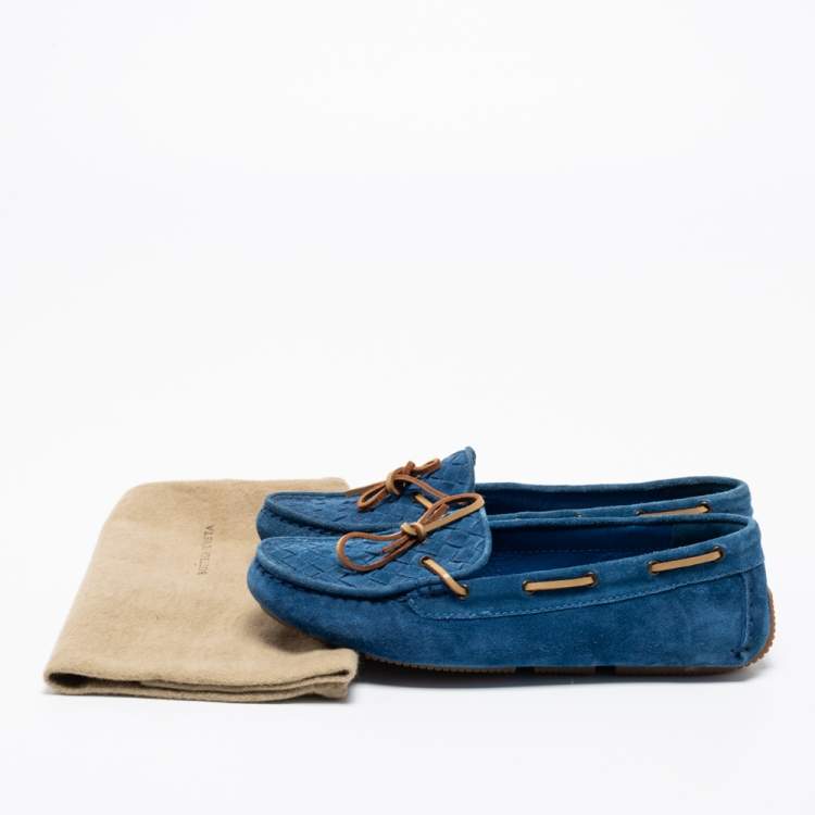 Pre Owned Bottega Veneta Blue Intrecciato Suede Bow Slip On Loafers Size 36