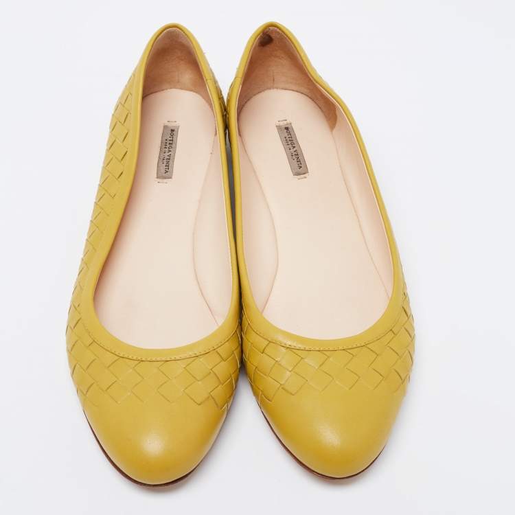 Pre Owned Bottega Veneta Mustard Yellow Intrecciato Leather Ballet Flats Size 40