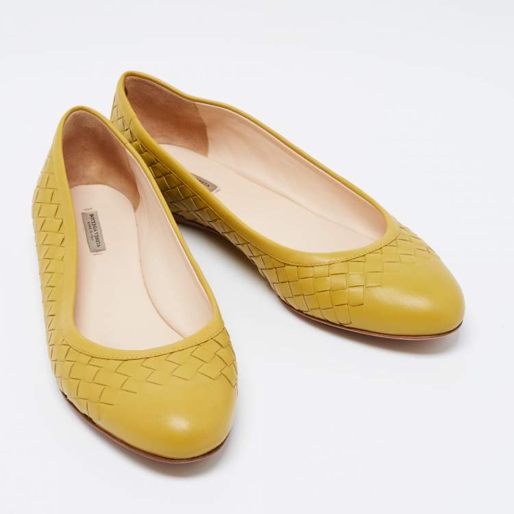 Pre Owned Bottega Veneta Mustard Yellow Intrecciato Leather Ballet Flats Size 40