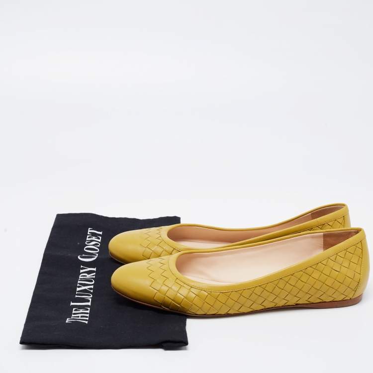Pre Owned Bottega Veneta Mustard Yellow Intrecciato Leather Ballet Flats Size 40