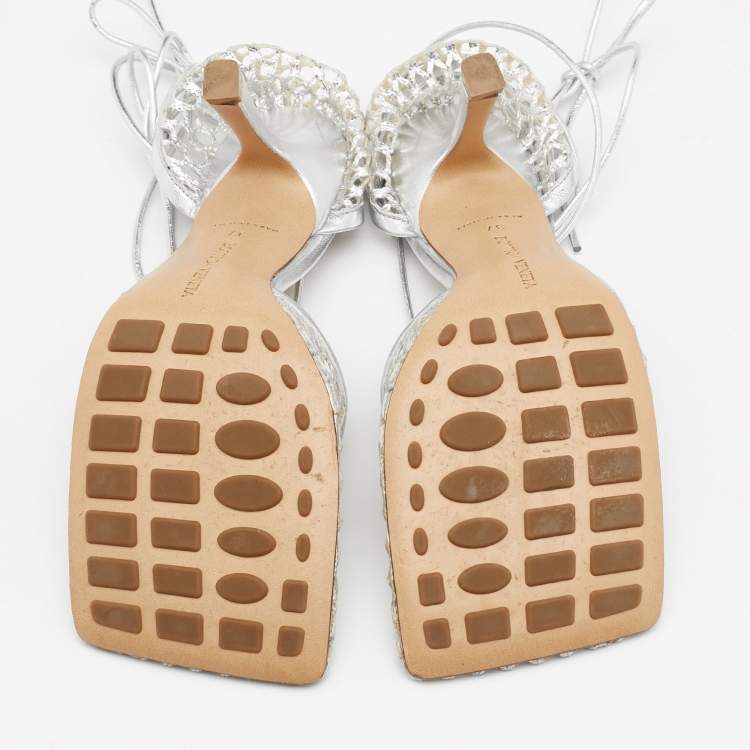 Pre Owned Bottega Veneta Silver Stretch Mesh And Leather Ankle Tie Sandals Size 37