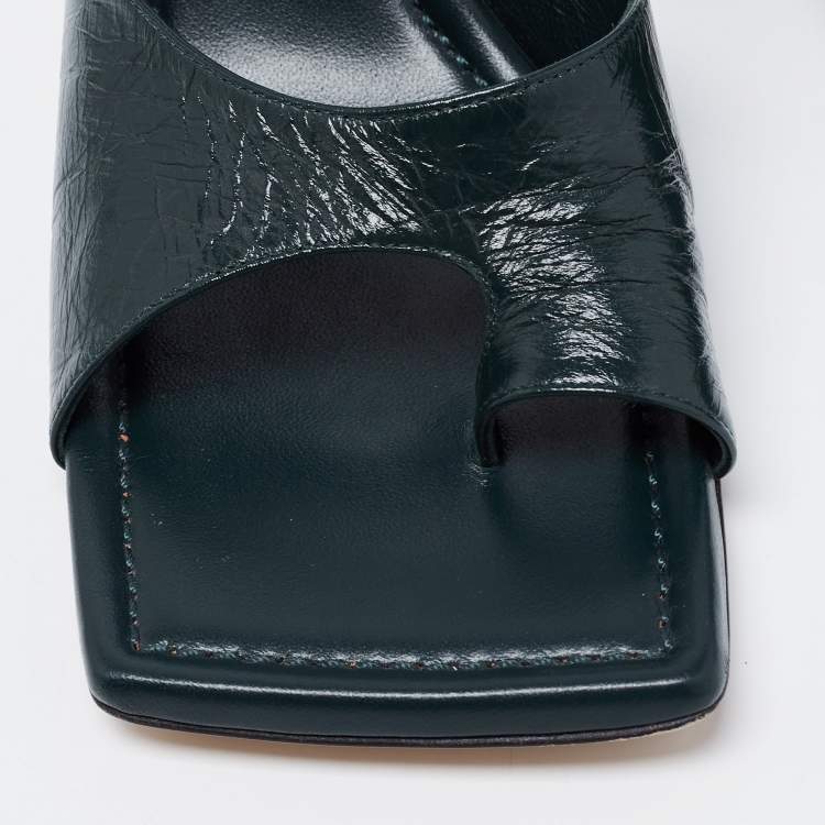 Pre Owned Bottega Veneta Dark Green Leather Square Toe Mule Sandals Size 40