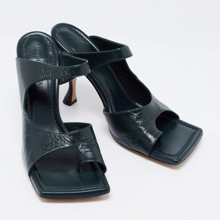 Pre Owned Bottega Veneta Dark Green Leather Square Toe Mule Sandals Size 40