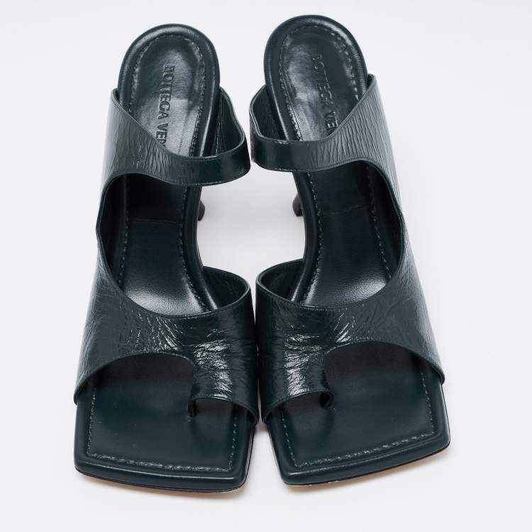 Pre Owned Bottega Veneta Dark Green Leather Square Toe Mule Sandals Size 40