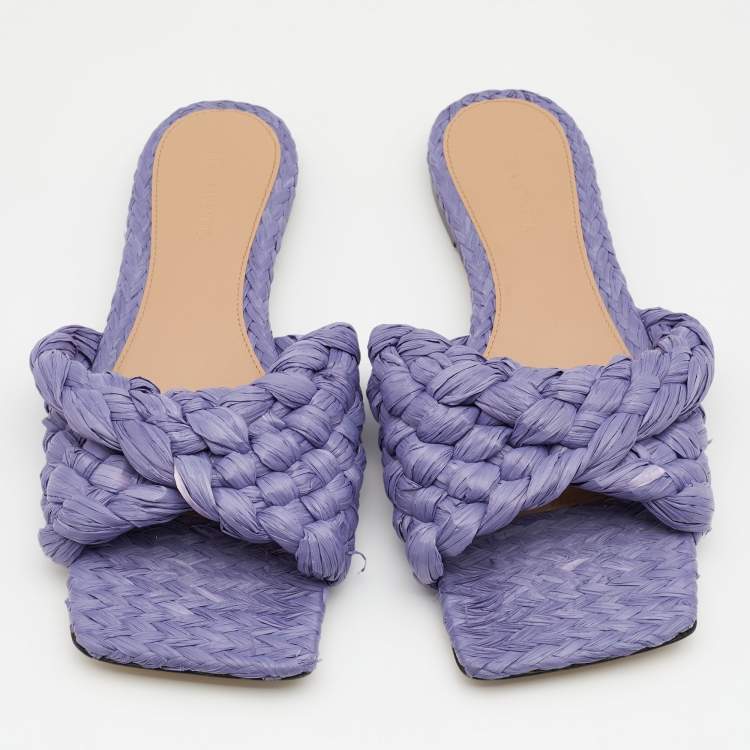 Pre Owned Bottega Veneta Lilac Woven Straw Lido Flat Slide Sandals Size 37