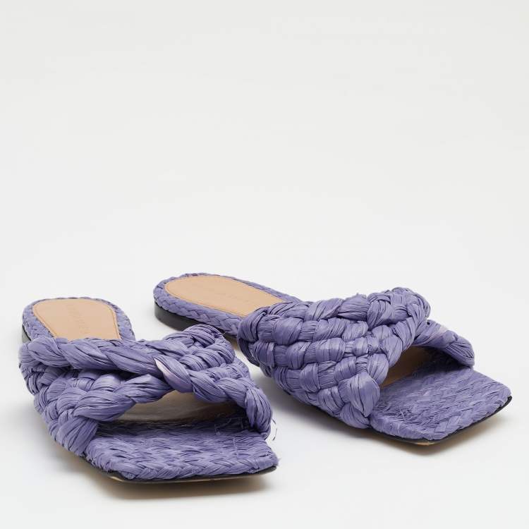 Pre Owned Bottega Veneta Lilac Woven Straw Lido Flat Slide Sandals Size 37