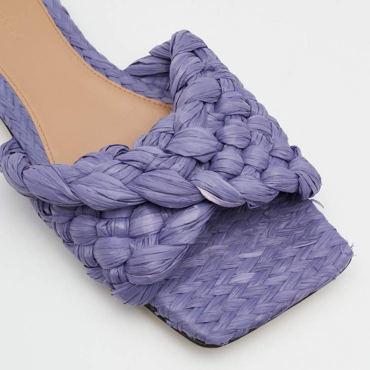 Pre Owned Bottega Veneta Lilac Woven Straw Lido Flat Slide Sandals Size 37