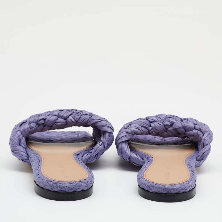 Pre Owned Bottega Veneta Lilac Woven Straw Lido Flat Slide Sandals Size 37