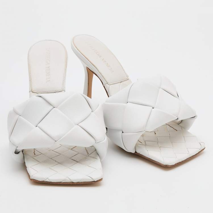 Pre Owned Bottega Veneta White Intrecciato Leather Lido Slide Sandals Size 36