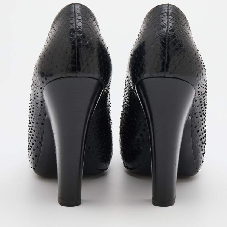 Pre Owned Bottega Veneta Black Python Block Heel Pumps Size 38