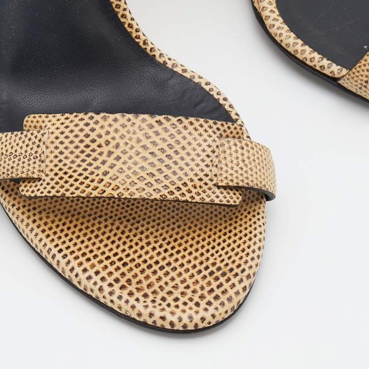 Pre Owned Bottega Veneta Cream/Silver Iguana And Leather Wedge Ankle Strap Sandals Size 40