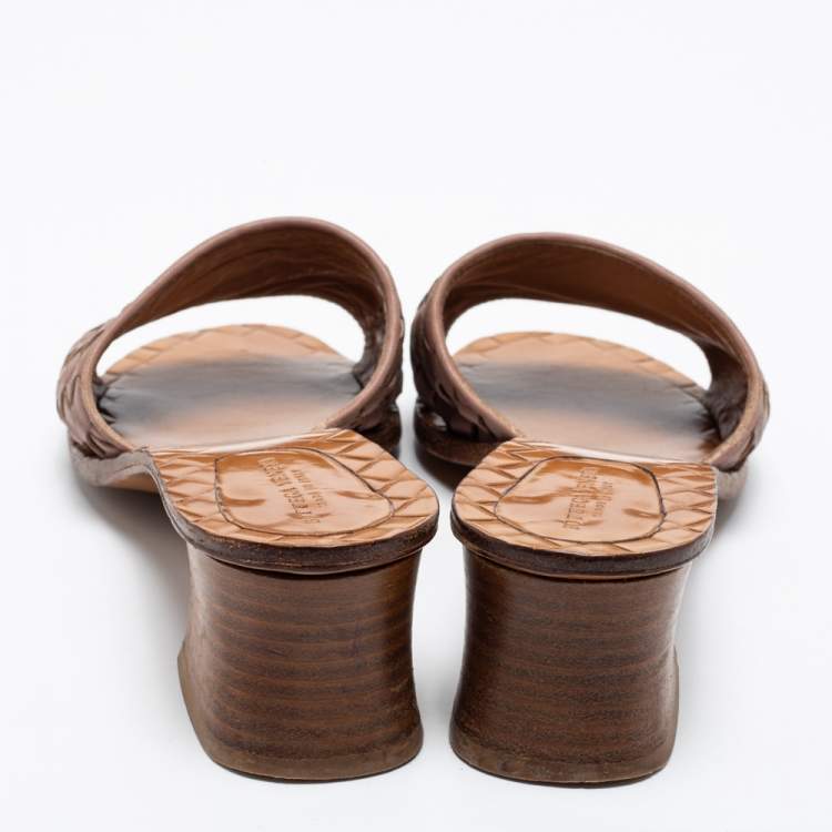 Pre Owned Bottega Veneta Old Rose Pink Intrecciato Leather Block Heel Slide Sandals Size 37