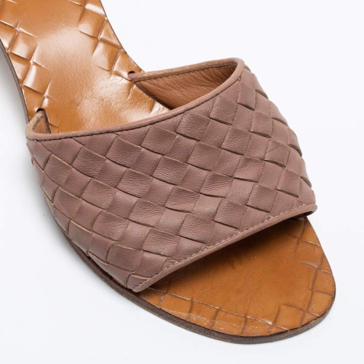 Pre Owned Bottega Veneta Old Rose Pink Intrecciato Leather Block Heel Slide Sandals Size 37