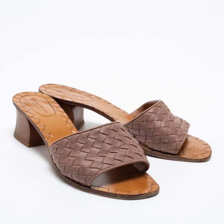 Pre Owned Bottega Veneta Old Rose Pink Intrecciato Leather Block Heel Slide Sandals Size 37