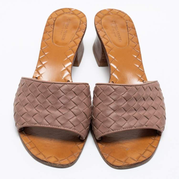 Pre Owned Bottega Veneta Old Rose Pink Intrecciato Leather Block Heel Slide Sandals Size 37