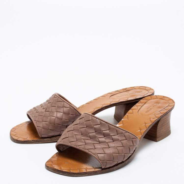 Pre Owned Bottega Veneta Old Rose Pink Intrecciato Leather Block Heel Slide Sandals Size 37