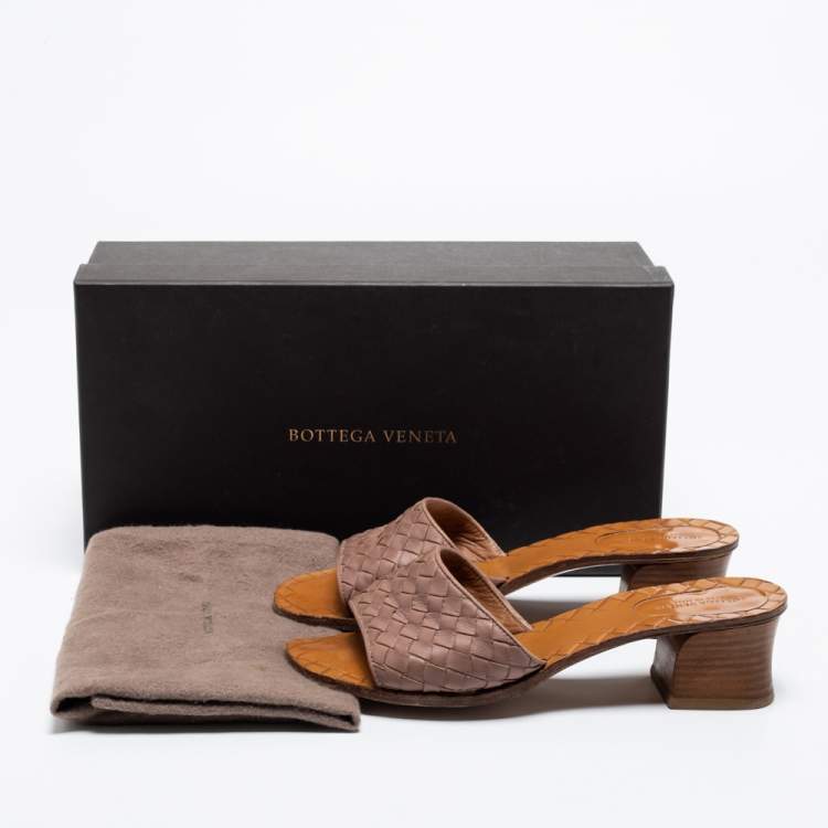 Pre Owned Bottega Veneta Old Rose Pink Intrecciato Leather Block Heel Slide Sandals Size 37