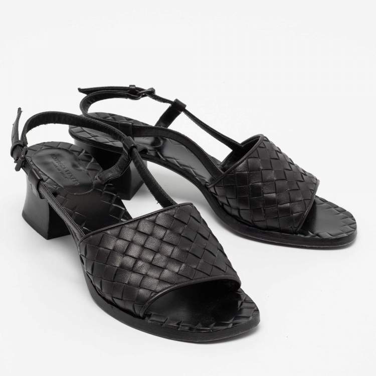 Pre Owned Bottega Veneta Black Intrecciato Leather Slingback Sandals Size 36