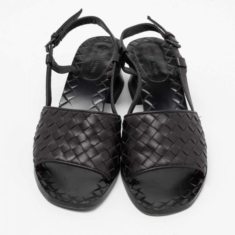 Pre Owned Bottega Veneta Black Intrecciato Leather Slingback Sandals Size 36
