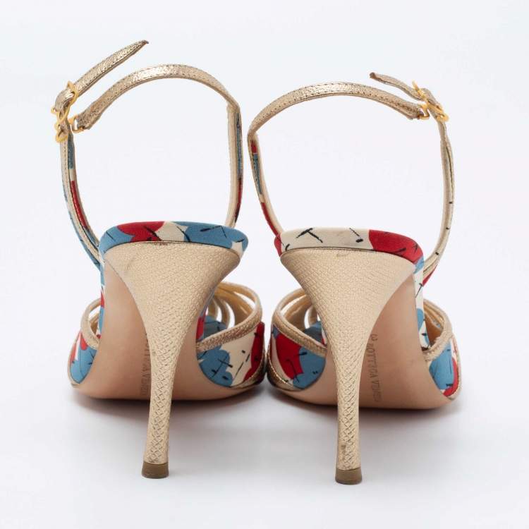 مملوكة مسبقًا Bottega Veneta Tri-Color Printed Fabric and Leather Slingback Sandals Size 38
