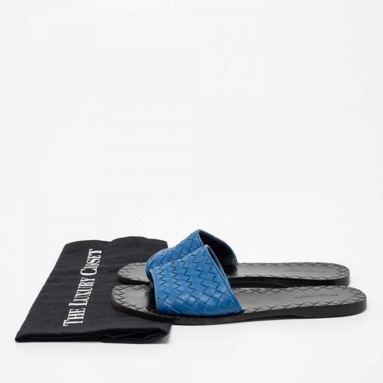 Pre Owned Bottega Veneta Blue Intrecciato Leather Flat Slides Size 38