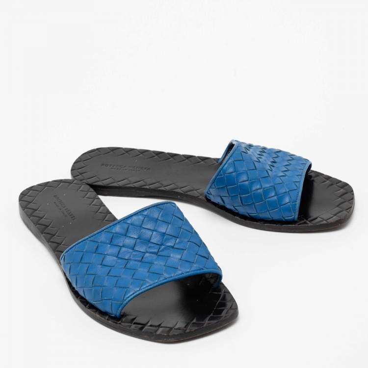 Pre Owned Bottega Veneta Blue Intrecciato Leather Flat Slides Size 38