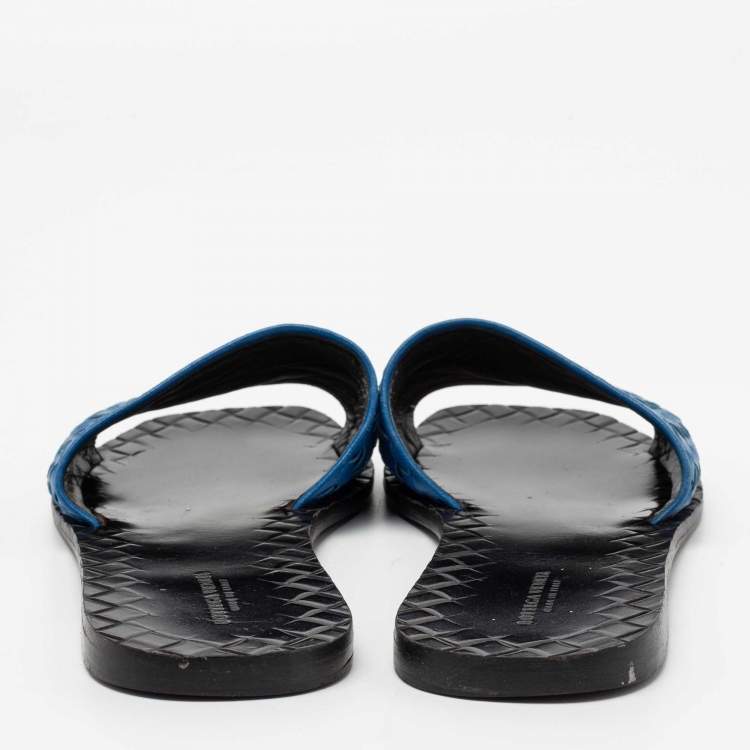 Pre Owned Bottega Veneta Blue Intrecciato Leather Flat Slides Size 38